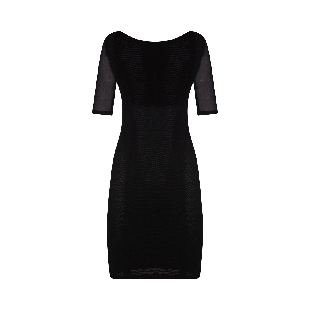 Black-firm control open bust shaper slip with short sleeves