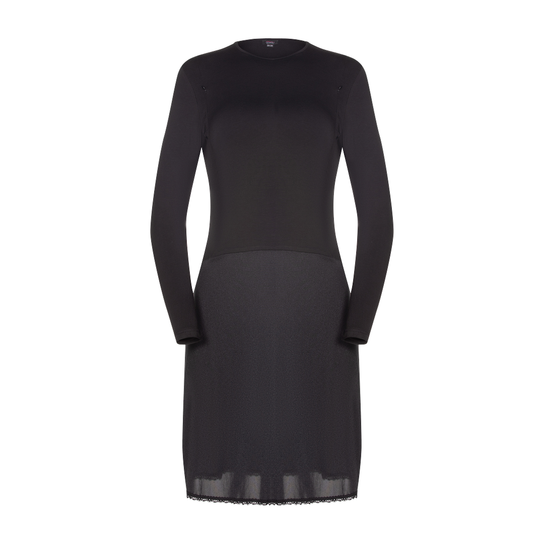 Black-long sleeve nursing shell slip with zippers, with adjust-a-neck